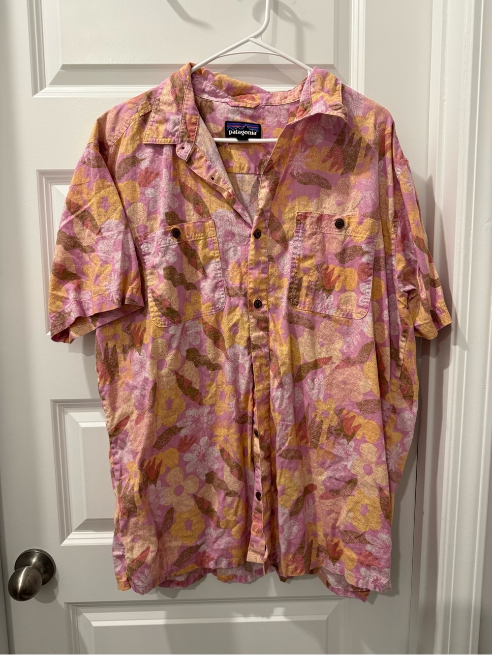 Patagonia Short-Sleeve Floral Button-Up Shirt in Pink and Yellow